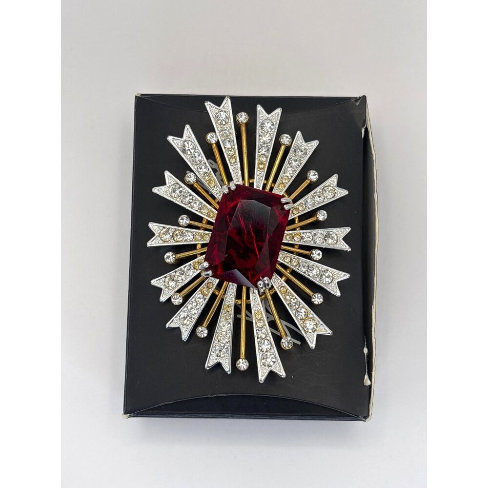 Kenneth Jay Lane Avon Vintage Star Treatment Starburst Ruby Rhinestone Brooch